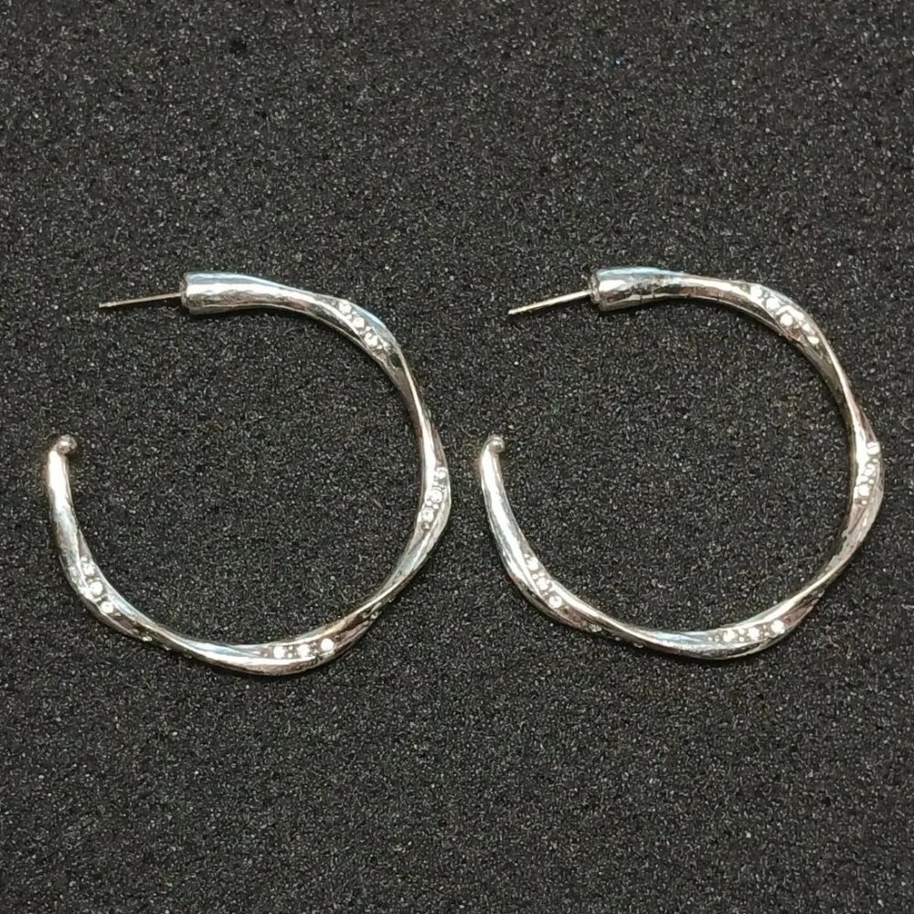 Silver Tone Hoop Earrings 2” Diameter Textured Curved CZ Accents 14.6g